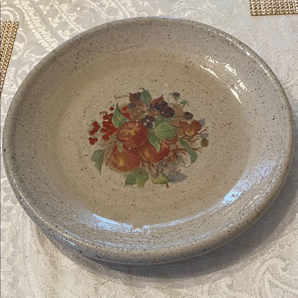 Monroe Salt Works Pottery Cream Speckled Plate with Fruit Design